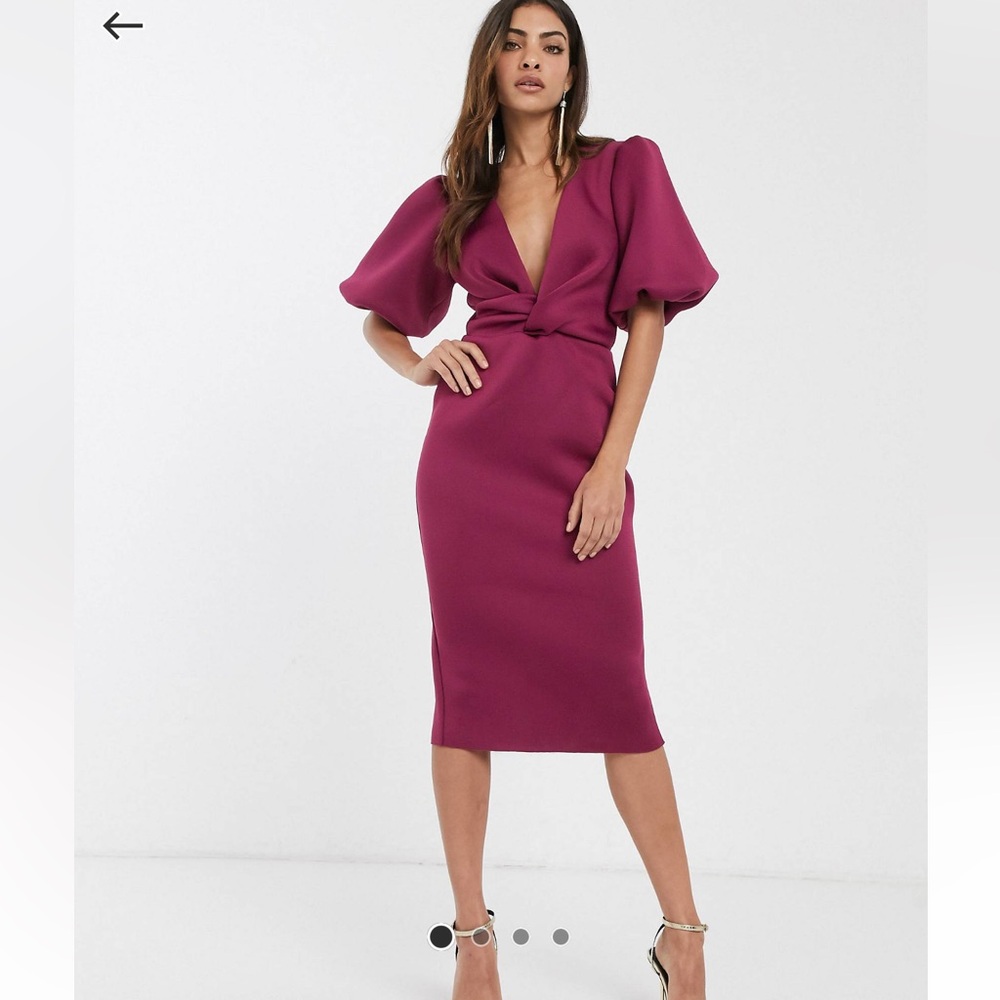 ASOS DESIGN bubble sleeve twist detail midi pencil dress in raspberry NWOT